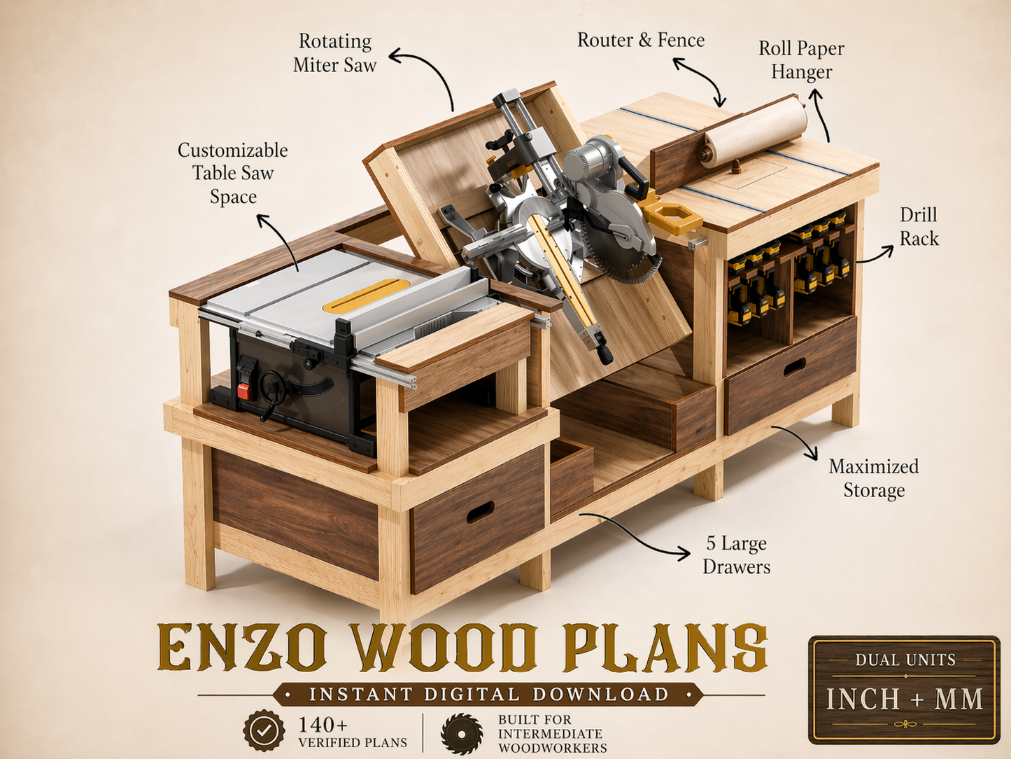 All-in-One Workbench Plan – Table Saw, Miter Saw & Router Table | DIY PDF Woodworking Plans (Instant Download)